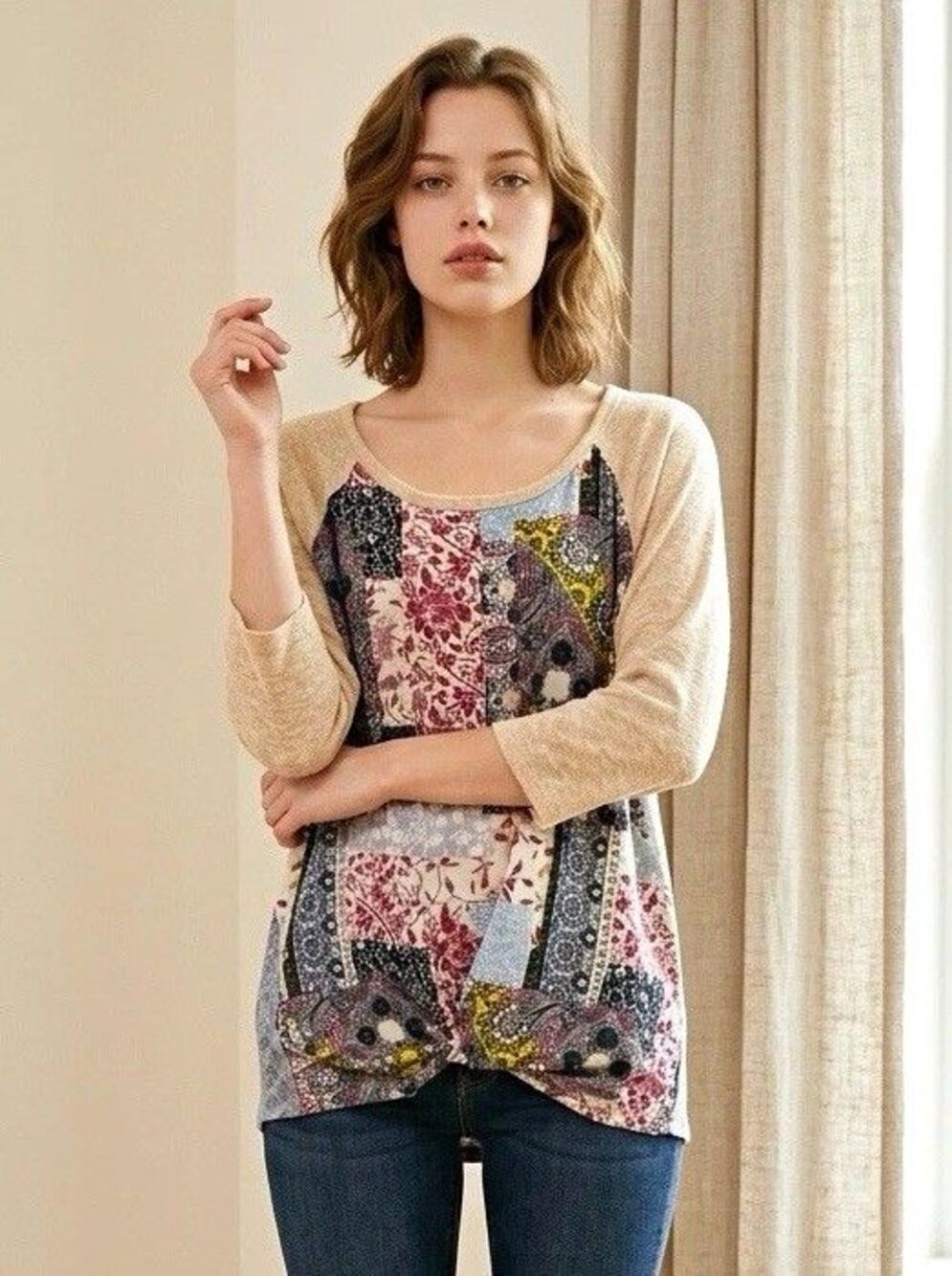 ALTO Beige Multicolor Patchwork Scoop Neck Raglan Long Sleeve Knit Tunic XL